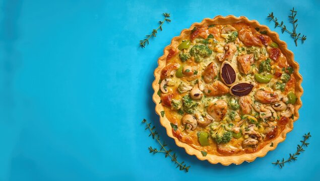 Homemade chicken, broccoli, and chanterelle quiche on a blue backdrop. Meat and mushroom tart. Aerial view. Empty space.