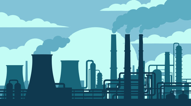 Industrial factory landscape with smoke stacks and air pollution