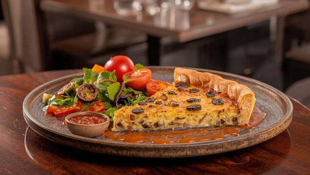 Savory beef and mushroom quiche on a plate, accompanied by a vegetable salad and chili sauce.
