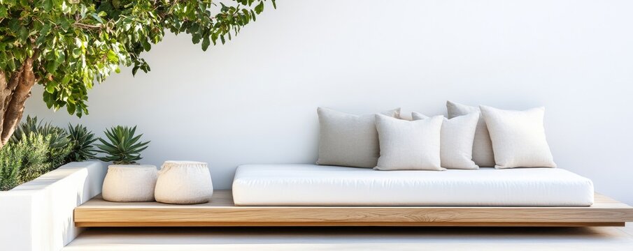 Bright outdoor oasis Minimalist daybed on natural wood with lush green foliage, neutral cushions against a crisp white wall, ideal for serene modern relaxation. Outdoor Living, Zen
