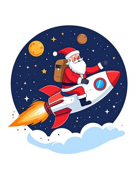 Santa Claus flying on rocket ship.