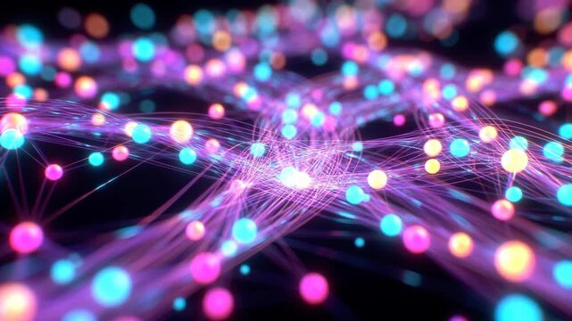 Abstract glowing nodes and fiber-like lines in neon style on a dark backdrop, conveying a concept of digital connectivity