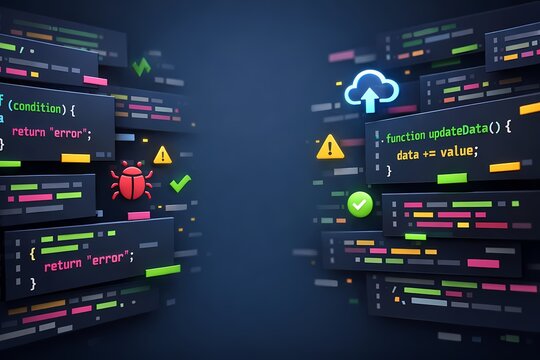Creative 3D illustration of computer code panels with a red bug icon and cloud sync suitable for software development and debugging and data error fixing