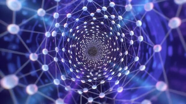 A swirling tunnel of connected glowing spheres in digital style on a dark background, symbolizing network complexity