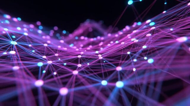 Abstract neon points and lines in digital style on dark background, concept of connectivity and data flow