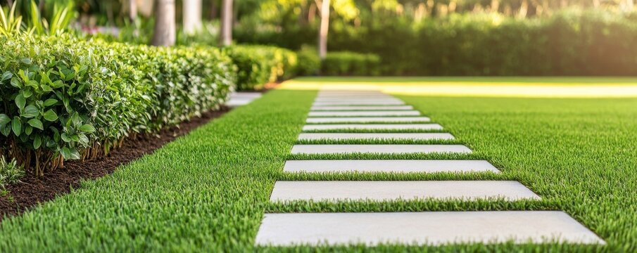 Manicured garden design A clean, linear path of modern stepping stones on vibrant green grass, flanked by a dense hedge, leading into a sunlit tranquil landscape, inviting serenity.
