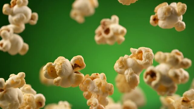 Golden popcorn kernels gently falling swirling slow motion on vibrant green background