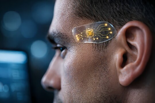 Futuristic biochip patch applied to a mans temple with glowing circuitry suitable for human enhancement and neural technology and advanced medical research