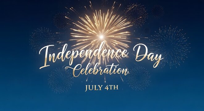Independence day celebration gold script text with bright central firework burst.