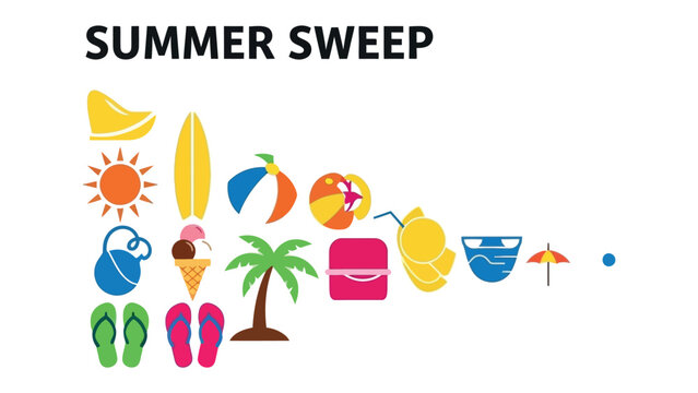 Summer Holiday Essentials: A vibrant collection of colorful summer icons, including a surfboard, ice cream, flip-flops, and a palm tree.