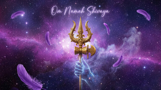 Om Namah Shivaya Golden Trishul Cosmic Nebula Astrophotography Photo

