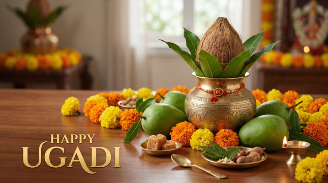 Happy Ugadi Traditional Puja Kalash Mango Leaves Coconut Neem Flower Photo, Happy Ugadi
