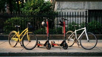 Fototapeta premium Three colorful eco-friendly transportation options, yellow bicycle, red electric scooter, white bicycle, parked on sidewalk, urban, modern, sustainable, mobility, transportation, outdoors