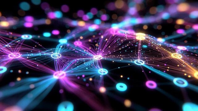 Glowing interconnected nodes with neon lines in digital art style on a dark backdrop, expressing a concept of data networks
