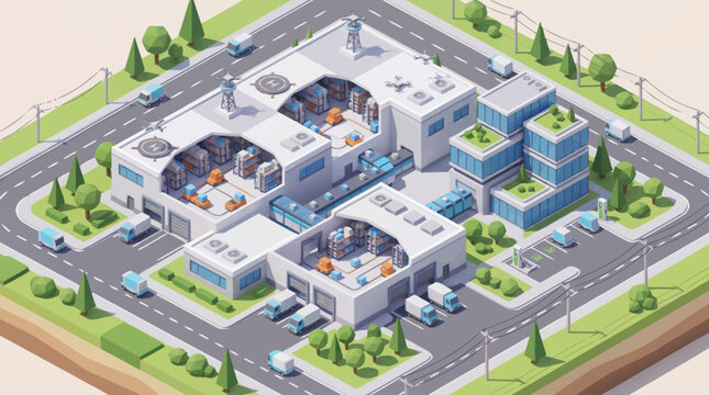 Modern Industrial Factory Building With Green Rooftops And Cars.