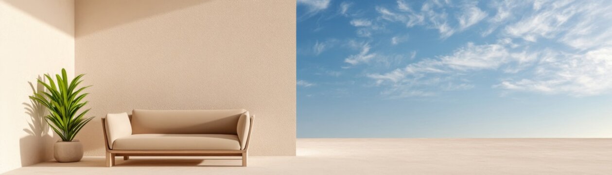 Minimalist outdoor lounge Beige walls, modern armchair, green plant, sunlight, vast blue sky with wispy clouds. Serene open-air design.,Patio,Tranquility