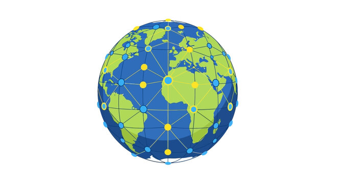 Stylized Earth Globe with Digital Communication Network Nodes and Lines for Global Business Connectivity and International Data Exchange