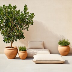 Fototapeta premium Minimalist sunlit patio with terracotta pots, vibrant plants and comfortable beige floor cushions against a textured wall, perfect for serene relaxation. Outdoor Living, Terrace Decor