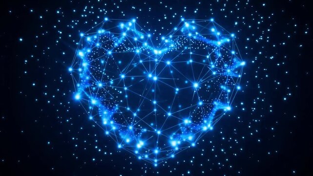 Glowing blue digital heart formed by connected light particles moving in a seamless looping motion