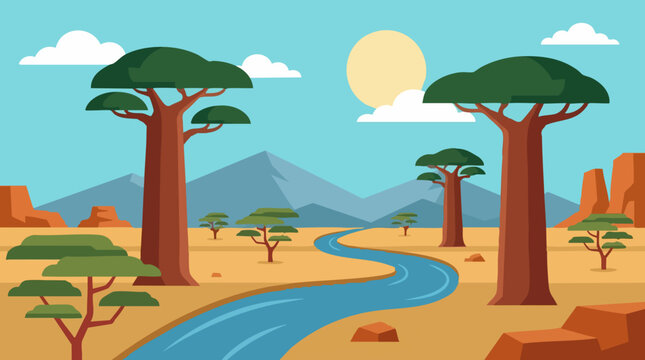 Flat design savanna landscape with river, baobab trees, mountains, and sun