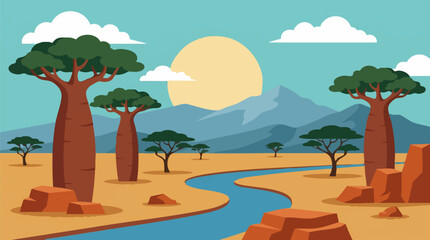 Vibrant African savanna landscape with baobab trees, river, and sun in flat design © CURVARA