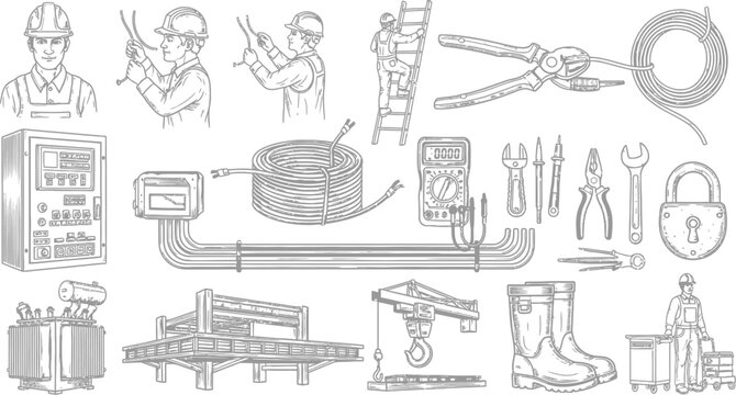 Electrical engineering and construction worker icons set featuring tools equipment and safety gear in a hand drawn style