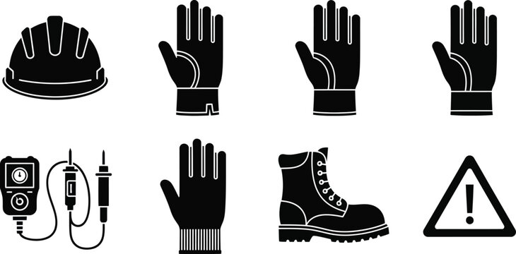 Industrial safety equipment icons set featuring hard hat protective gloves work boots voltage tester and warning sign vector