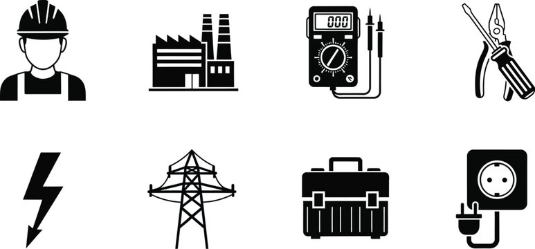 Set of electrical engineering and construction icons featuring worker factory multimeter tools power tower toolbox and socket outlet