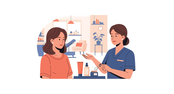 flat vector illustration of beauty specialist consulting customer about skincare products and wellness beauty care solutions