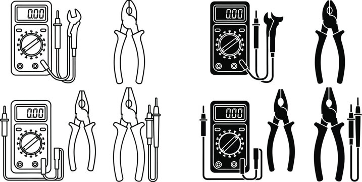 Set of electrical multimeter and pliers icons in outline and solid black vector style for technical repair work