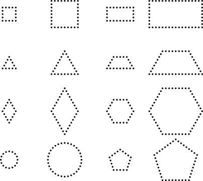 A collection of basic geometric shapes with dotted outlines. Includes squares, rectangles, triangle, circles, rhombs, trapezoids, hexagons and pentagons. Suitable for icons.