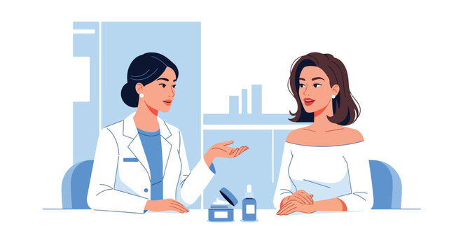 flat vector illustration of beauty specialist consulting customer about skincare products and wellness beauty care solutions