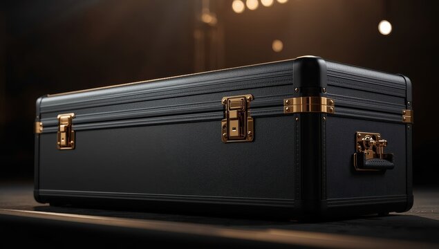 Durable case for safeguarding and carrying musical instruments such as guitars, basses, and bows featuring gold locks.
