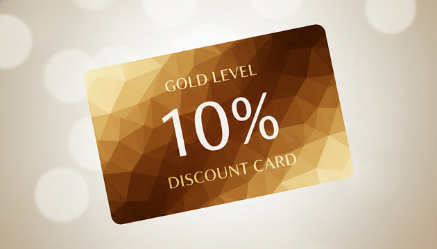 Golden discount card with 10% off, representing a premium offer, symbolizing exclusivity and value for the customer