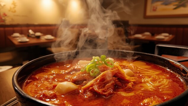 Kimchi stew made with over-fermented kimchi, pork, tofu, and scallions. Regarded as Korean comfort food, its spiciness complements the rich pork.