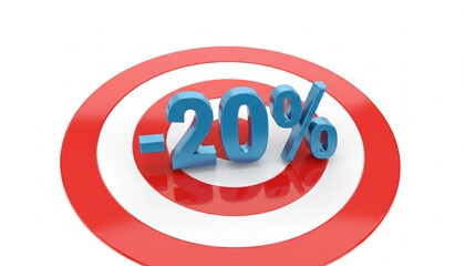 Obraz premium 3D render of a red and white target with a blue -20% symbol at its center, symbolizing discount and accuracy, perfect for business and sales promotion concepts