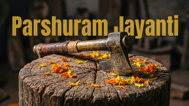 Parshuram Jayanti Brass Parashu Axe Marigold Petals Moody Photo, Happy Parshuram Jayanti
