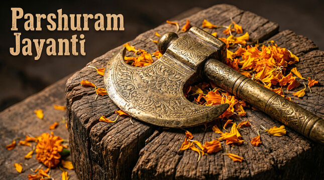 Parshuram Jayanti Brass Parashu Axe Marigold Petals Moody Photo, Happy Parshuram Jayanti
