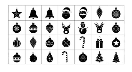 Black and white christmas icons set including ornaments santa hats bells reindeer snowmen and trees on white background © Dipan
