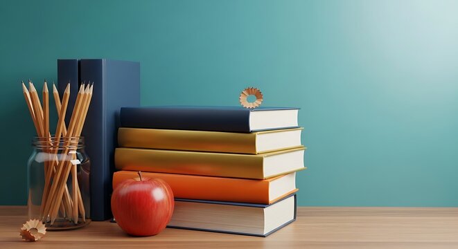 Back to school essentials books pencils and apple on a desk