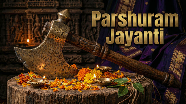 Parshuram Jayanti Brass Parashu Axe Marigold Petals Moody Photo, Happy Parshuram Jayanti
