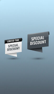 Two geometric speech bubble-like shapes announcing "Special Discount" and "Limited Time" on a gradient blue background, symbolizing sales, promotions, and offers.