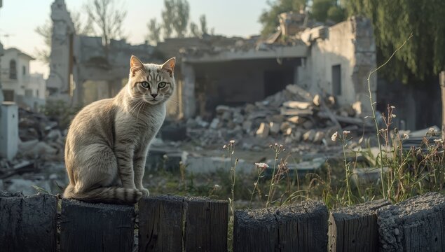A cat perches on a shattered fence surrounded by the ruins of a war-torn house, embodying tranquility amidst chaos and stillness.