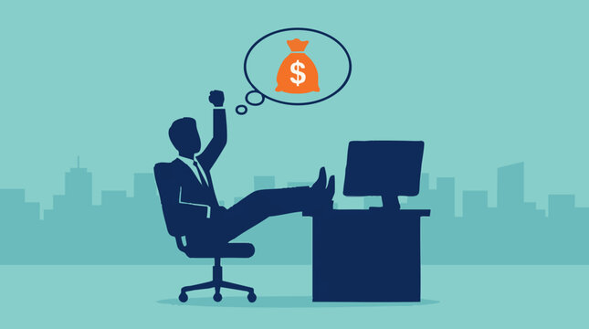 Businessman celebrating financial success, dreaming of money in office