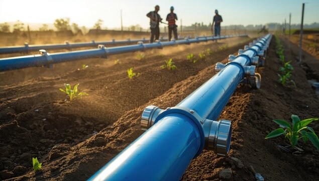 Water pipes made of polyethylene at a construction site. Close-up of a drip irrigation system for agriculture.
