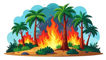 Obraz premium Tropical island on fire with palm trees.