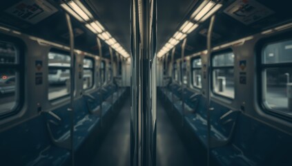 Naklejka premium Vacant subway seats amid COVID-19, with a focus on the handrail. Significant drop in public transport ridership due to lockdown.