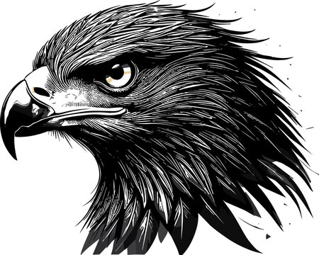 Powerful Eagle Head Vector Illustration with Intricate Engraved Feathers for Sports Mascot Logo Tattoo Design and Fierce Wildlife Graphic Concepts