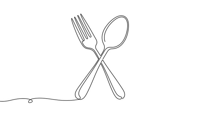 Animation of line drawing of fork and spoon crossing, representing dining essentials, meals, and everyday food culture.