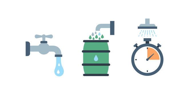 Water Conservation Icons Set: Tap, Rain Barrel, and Timed Shower Vector Illustration for Sustainable Living and Environmental Awareness